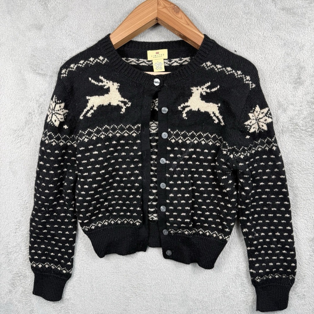 Limited America Cardigan Sweater Womens L Black Wool Fair Isle Reindeer Holiday